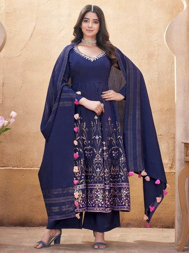 Enchanting Navy Blue Foil Printed Silk Event Wear Anarkali Suit